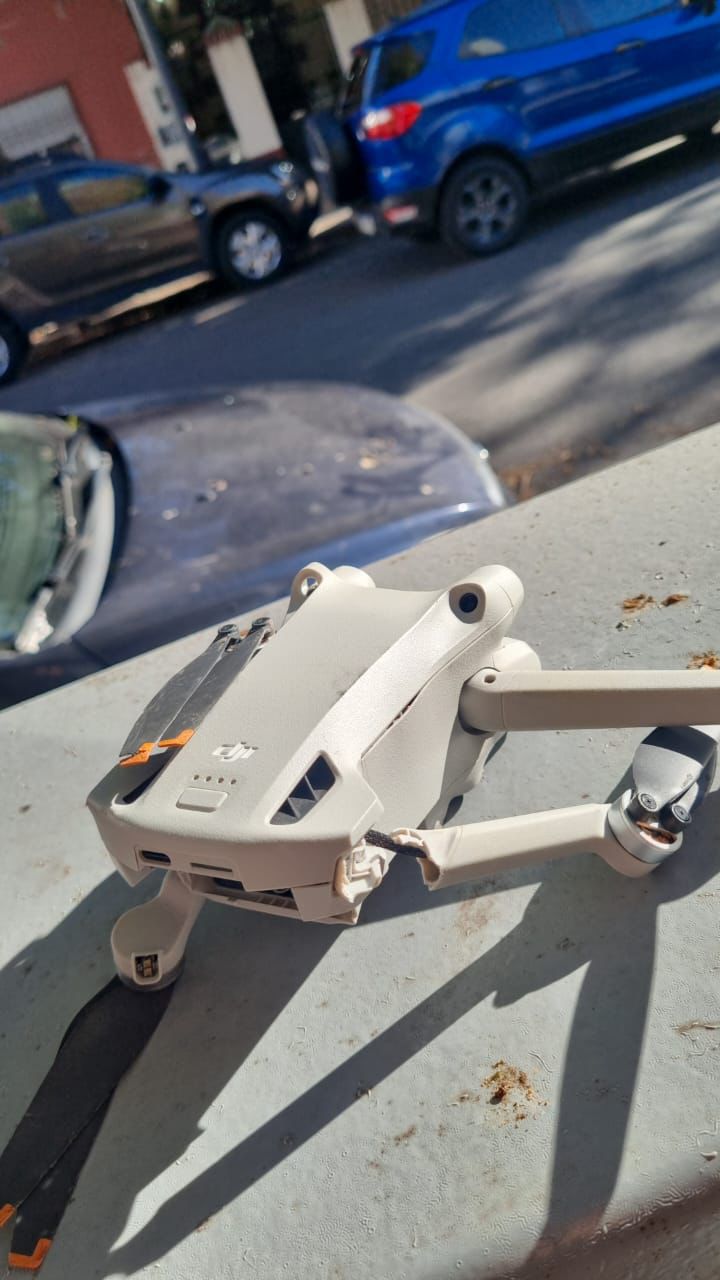 A friend's DJI Mini after a crash — the average working pilot eventually loses one. Universal pattern, not personal failure.